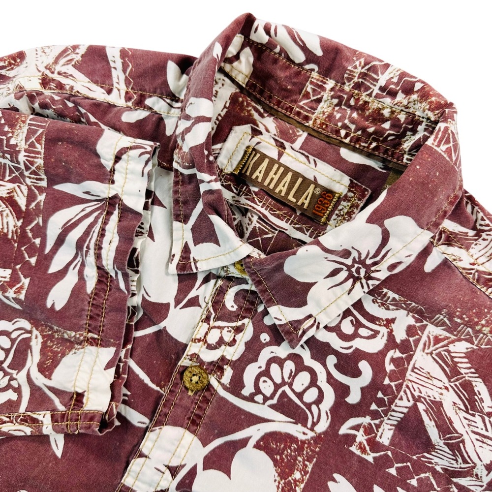 Kahala 1936 Heritage Label Hawaiian Aloha Shirt Men's L Burgundy Hibiscus Tribal